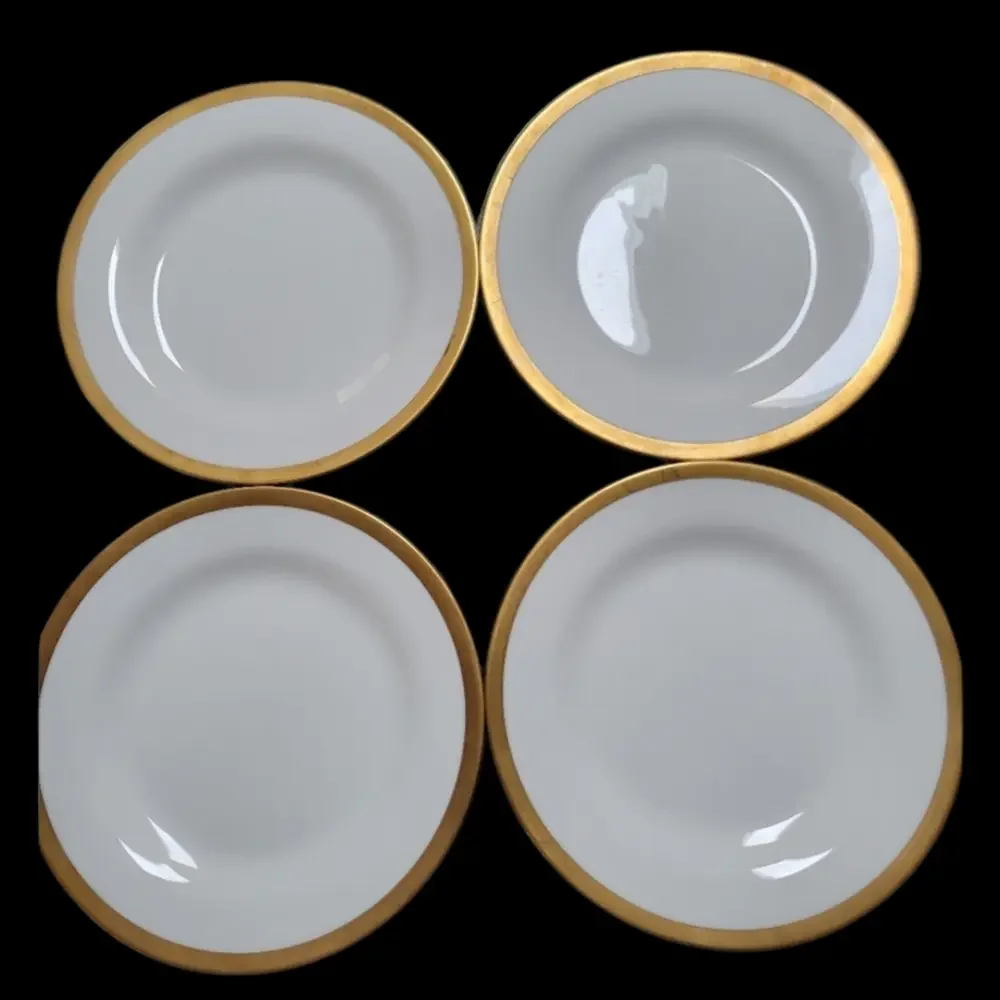 Pottery Barn White Porcelain Gold Gilded Rim Set Of 4 Dinner Plates 8.5